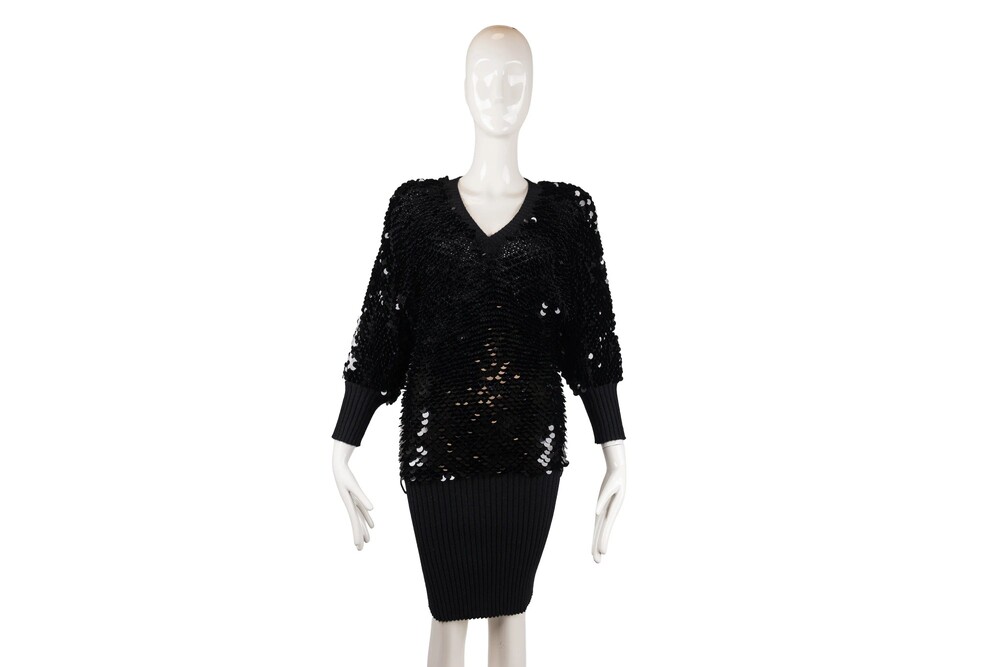 Roberto Cavalli Black Sequin Open Knit Dolman Dress Size 40